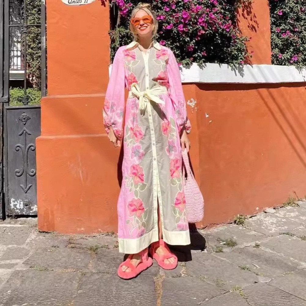 Zimmermann Pink Floral Long Shirt Dress with Tie Waist - Picture 3 of 5